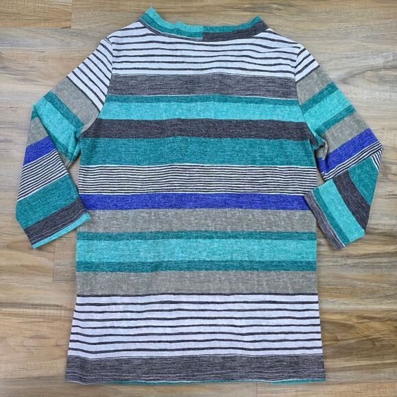 🔸️Blue, Teal, & Gray Striped Cascading Open Front Cardigan Kimono Large - Picture 6 of 12